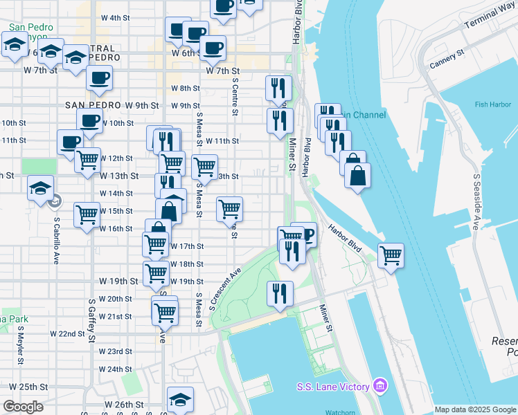 map of restaurants, bars, coffee shops, grocery stores, and more near 232 West 15th Street in Los Angeles