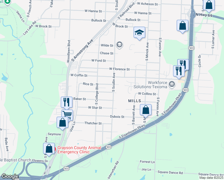 map of restaurants, bars, coffee shops, grocery stores, and more near 2601 South Scullin Avenue in Denison