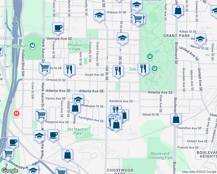 map of restaurants, bars, coffee shops, grocery stores, and more near 866 Hill St SE in Atlanta