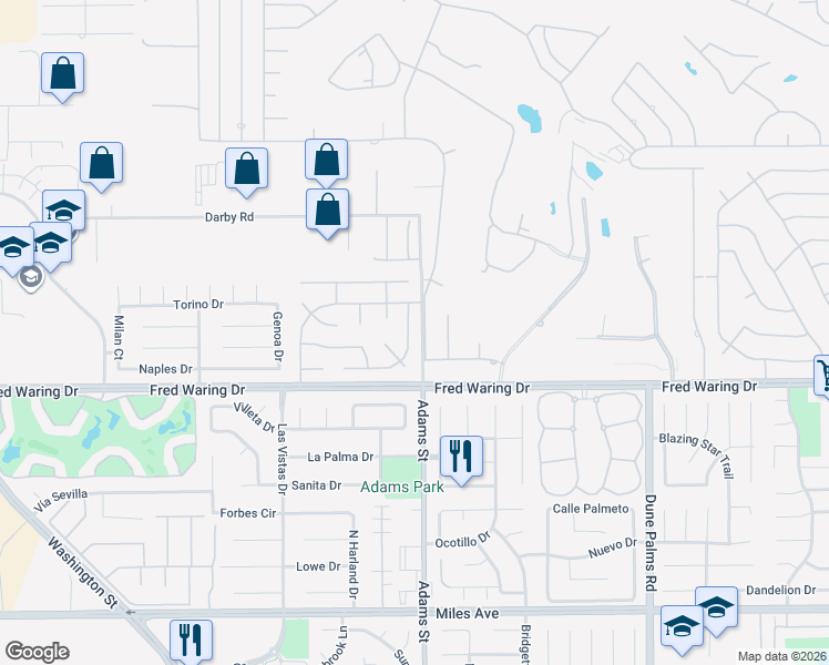map of restaurants, bars, coffee shops, grocery stores, and more near 43720 Skyward Way in La Quinta