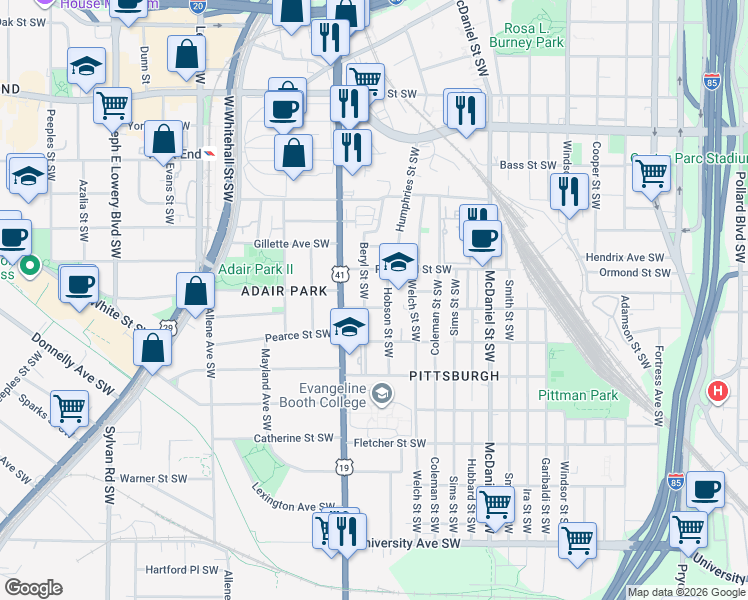 map of restaurants, bars, coffee shops, grocery stores, and more near 577 Hope Street Southwest in Atlanta