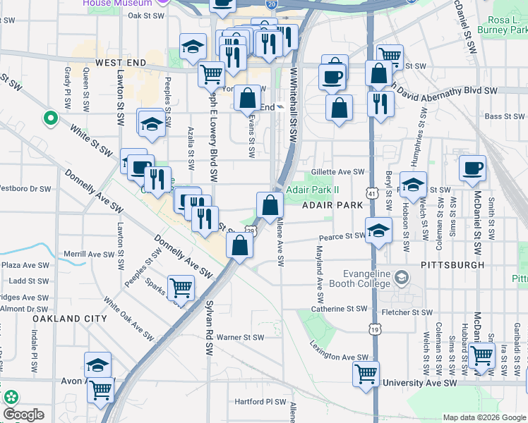 map of restaurants, bars, coffee shops, grocery stores, and more near Lee Street Southwest & Rose Circle Southwest in Atlanta