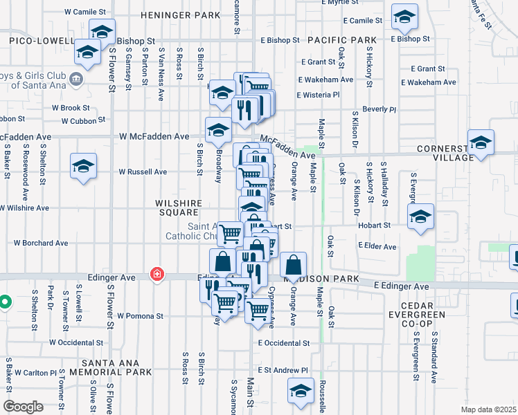 map of restaurants, bars, coffee shops, grocery stores, and more near 1325 South Main Street in Santa Ana