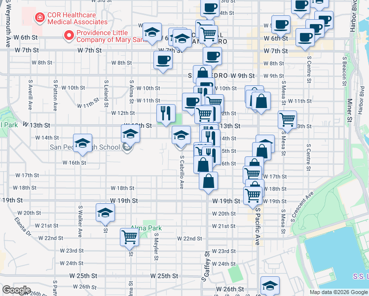 map of restaurants, bars, coffee shops, grocery stores, and more near 1430 South Cabrillo Avenue in Los Angeles