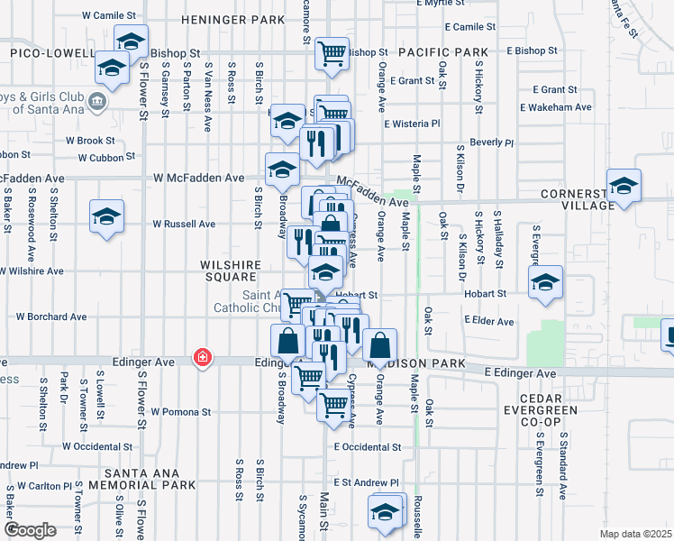 map of restaurants, bars, coffee shops, grocery stores, and more near 1325 South Main Street in Santa Ana