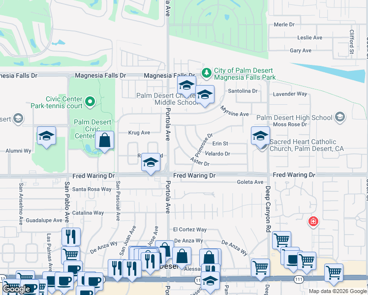 map of restaurants, bars, coffee shops, grocery stores, and more near 43718 Marigold Drive in Palm Desert