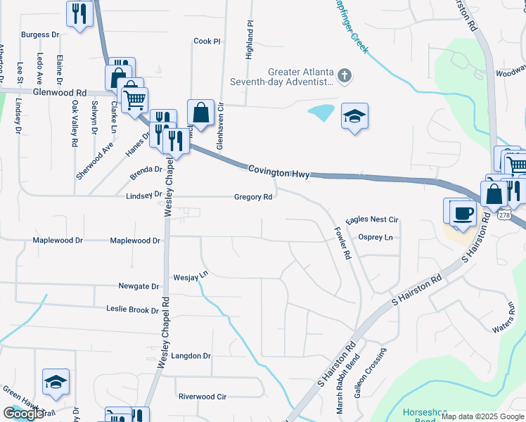 map of restaurants, bars, coffee shops, grocery stores, and more near 2020 Buckingham Court in Decatur