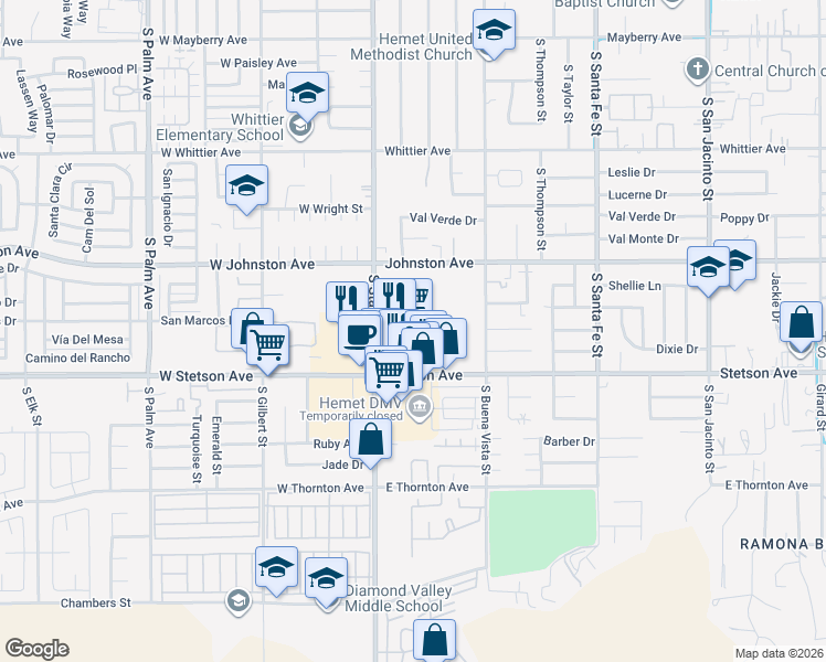 map of restaurants, bars, coffee shops, grocery stores, and more near 140 East Stetson Avenue in Hemet