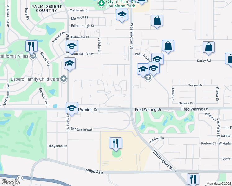 map of restaurants, bars, coffee shops, grocery stores, and more near 77779 Saint Augustine Drive in Palm Desert