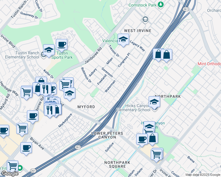 map of restaurants, bars, coffee shops, grocery stores, and more near 171 Waterman in Irvine