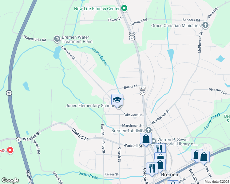 map of restaurants, bars, coffee shops, grocery stores, and more near 219 Lakeview Drive in Bremen