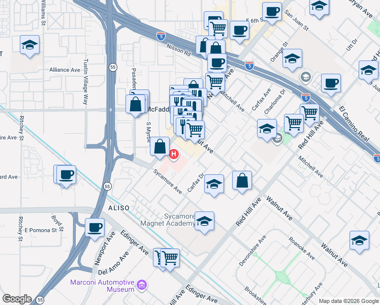 map of restaurants, bars, coffee shops, grocery stores, and more near 14558 Newport Avenue in Tustin