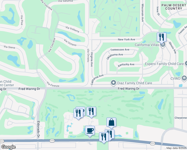 map of restaurants, bars, coffee shops, grocery stores, and more near 72700 Dinah Shore Drive in Palm Desert