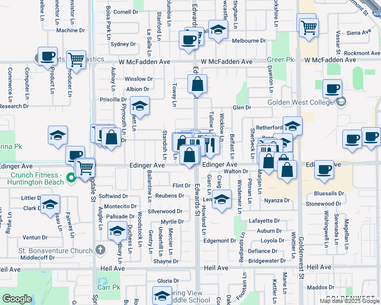 map of restaurants, bars, coffee shops, grocery stores, and more near 6501 Edinger Avenue in Huntington Beach