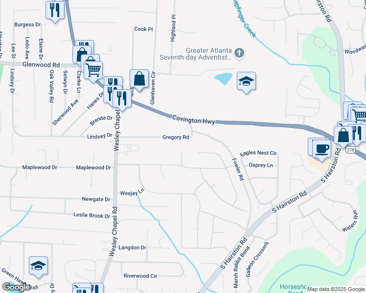 map of restaurants, bars, coffee shops, grocery stores, and more near 2033 Buckingham Court in Decatur