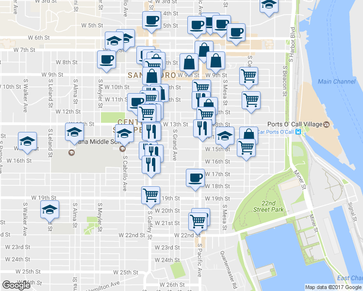 map of restaurants, bars, coffee shops, grocery stores, and more near 580 West 15th Street in Los Angeles