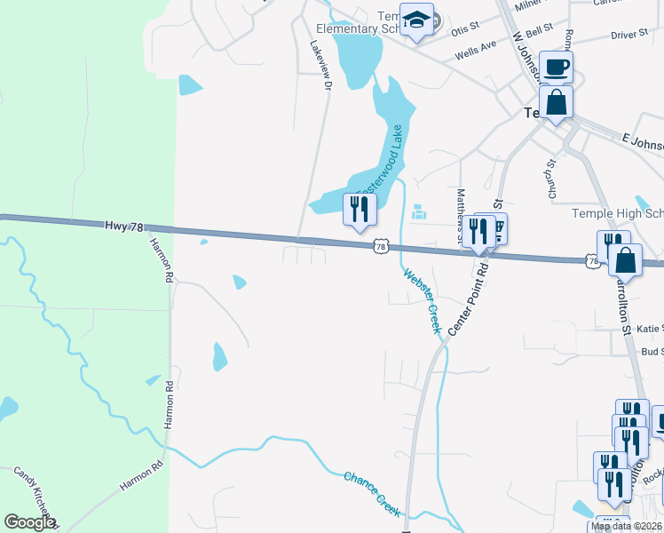 map of restaurants, bars, coffee shops, grocery stores, and more near 112 Bedrock Place in Temple