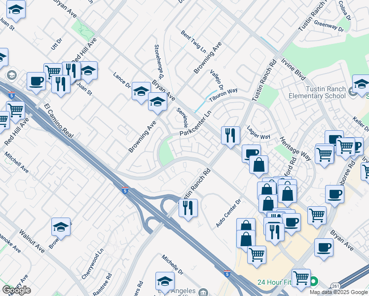 map of restaurants, bars, coffee shops, grocery stores, and more near 13602 Evergreen Way in Tustin