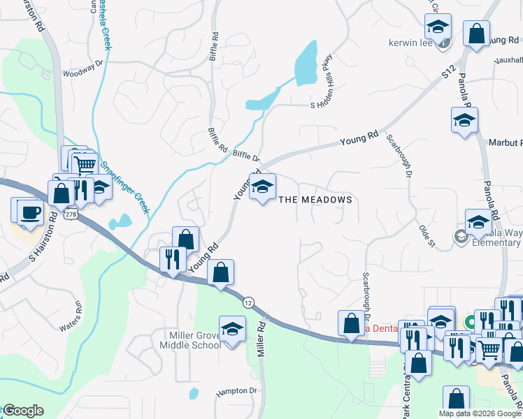 map of restaurants, bars, coffee shops, grocery stores, and more near 2584 Young Road in Stone Mountain