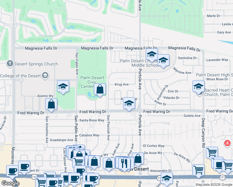 map of restaurants, bars, coffee shops, grocery stores, and more near 43670 Carmel Circle in Palm Desert