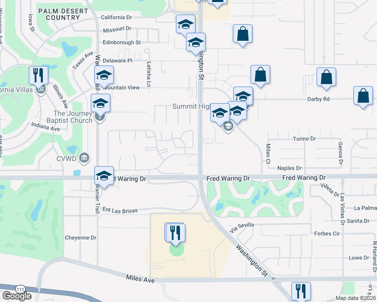 map of restaurants, bars, coffee shops, grocery stores, and more near 77787 Saint Croix Drive in Palm Desert