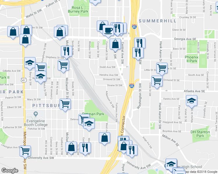 map of restaurants, bars, coffee shops, grocery stores, and more near 228 Doane Street Southwest in Atlanta