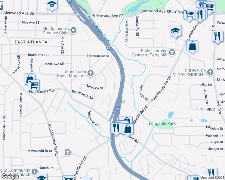 map of restaurants, bars, coffee shops, grocery stores, and more near 1940 Flat Shoals Road Southeast in Atlanta