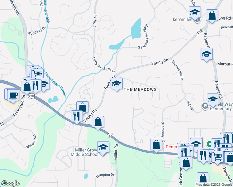 map of restaurants, bars, coffee shops, grocery stores, and more near 2584 Young Road in Stone Mountain