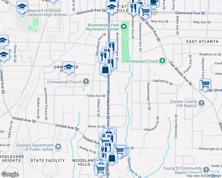 map of restaurants, bars, coffee shops, grocery stores, and more near 883 Moreland Avenue Southeast in Atlanta