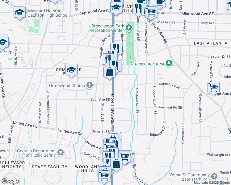 map of restaurants, bars, coffee shops, grocery stores, and more near 866 Moreland Avenue Southeast in Atlanta