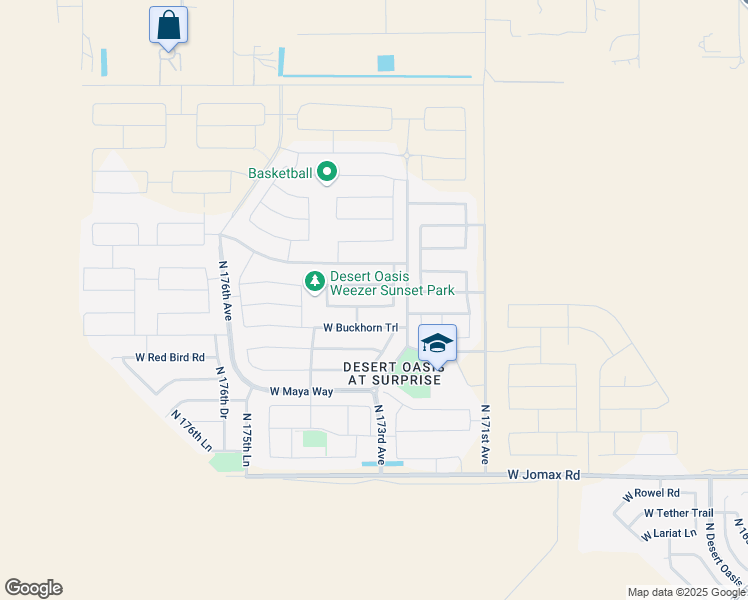 map of restaurants, bars, coffee shops, grocery stores, and more near 17287 West Fetlock Trail in Surprise