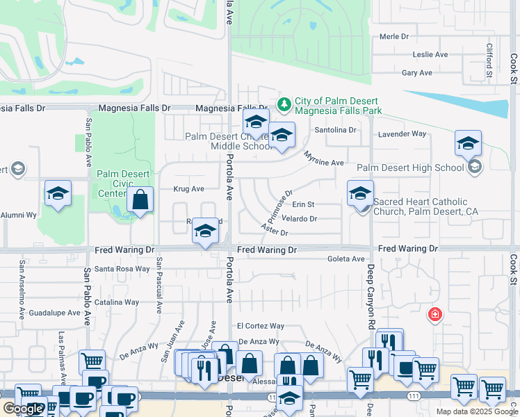 map of restaurants, bars, coffee shops, grocery stores, and more near 74121 Velardo Drive in Palm Desert