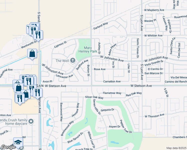 map of restaurants, bars, coffee shops, grocery stores, and more near 1045 Orchid Street in Hemet