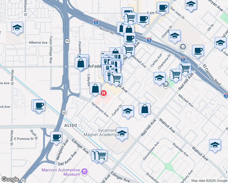 map of restaurants, bars, coffee shops, grocery stores, and more near 14561 Del Amo Avenue in Tustin