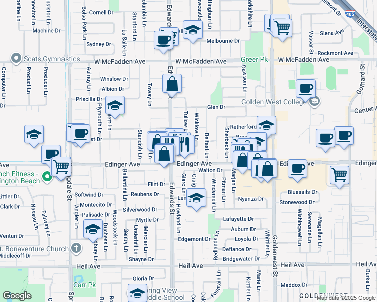 map of restaurants, bars, coffee shops, grocery stores, and more near 6581 Edinger Avenue in Huntington Beach