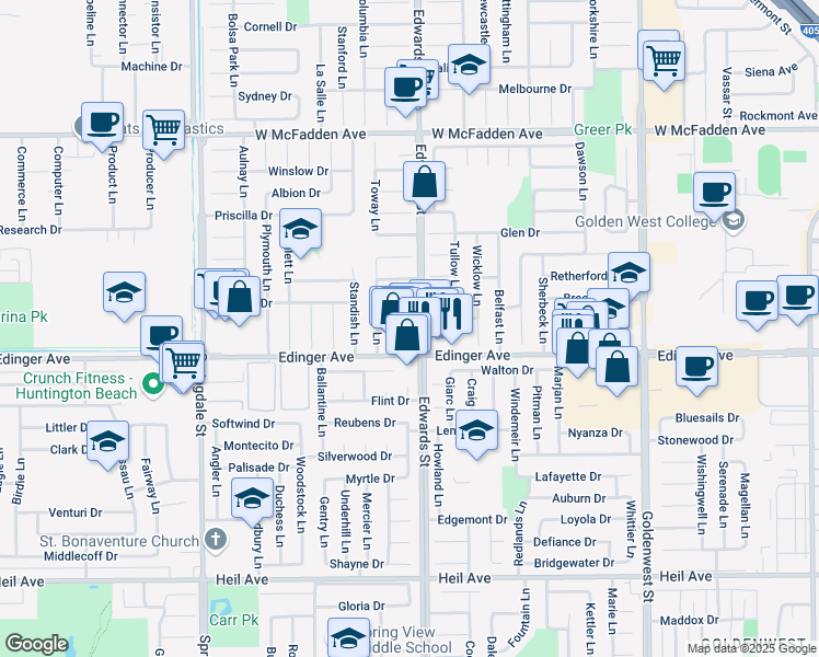 map of restaurants, bars, coffee shops, grocery stores, and more near 6501 Edinger Avenue in Huntington Beach