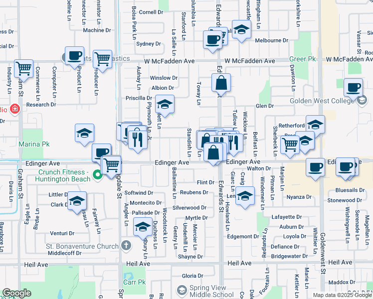 map of restaurants, bars, coffee shops, grocery stores, and more near 15941 Standish Lane in Huntington Beach