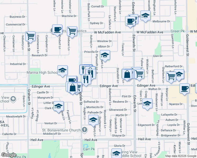 map of restaurants, bars, coffee shops, grocery stores, and more near 15942 Plymouth Lane in Huntington Beach