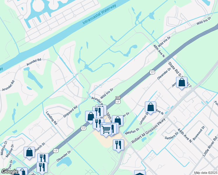 map of restaurants, bars, coffee shops, grocery stores, and more near 4596 Wild Iris Drive in Myrtle Beach