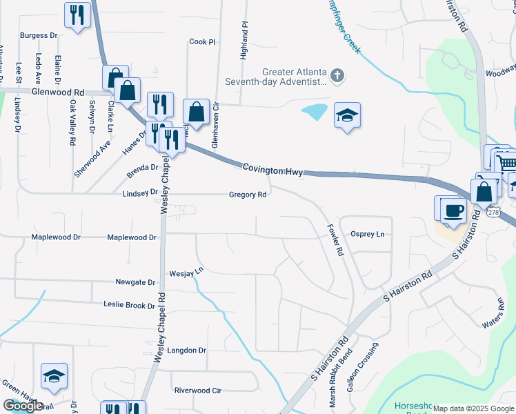 map of restaurants, bars, coffee shops, grocery stores, and more near 2020 Buckingham Court in Decatur