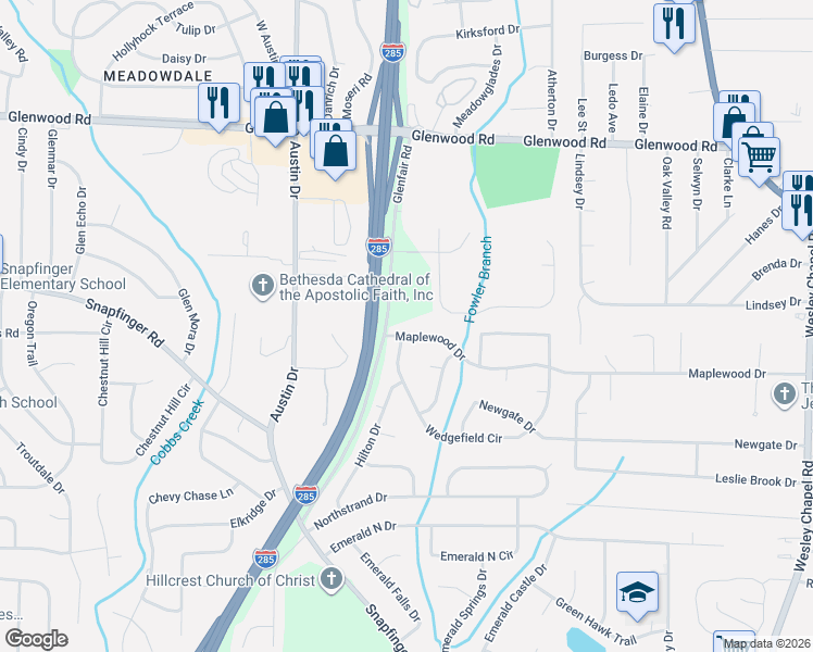 map of restaurants, bars, coffee shops, grocery stores, and more near 3905 Maplewood Drive in Decatur