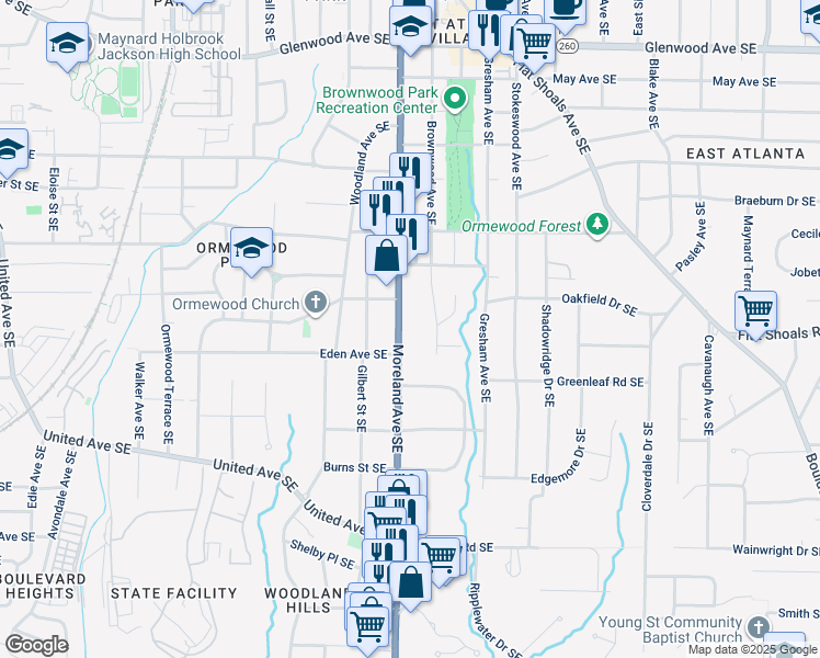 map of restaurants, bars, coffee shops, grocery stores, and more near 883 Moreland Avenue Southeast in Atlanta
