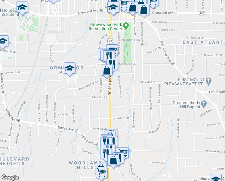 map of restaurants, bars, coffee shops, grocery stores, and more near 883 Moreland Avenue Southeast in Atlanta