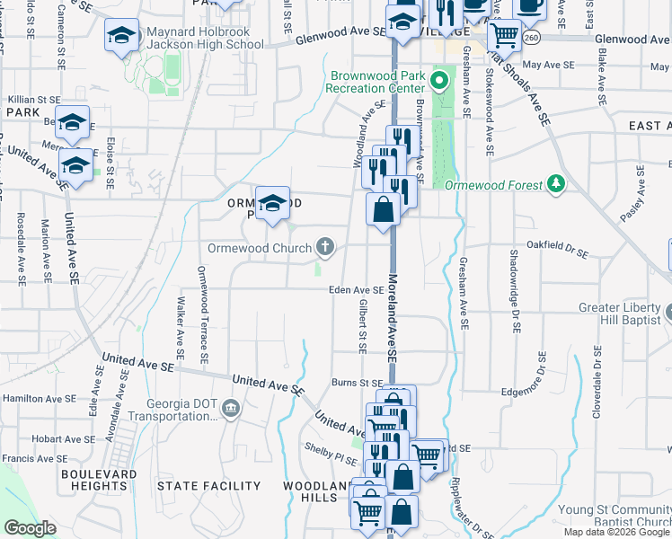 map of restaurants, bars, coffee shops, grocery stores, and more near 1070 Eden Avenue Southeast in Atlanta