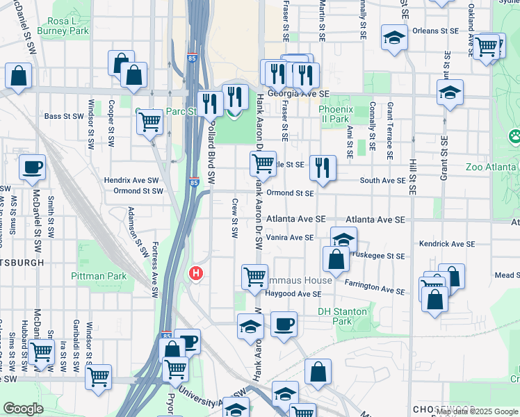 map of restaurants, bars, coffee shops, grocery stores, and more near 898 Crew Street Southwest in Atlanta