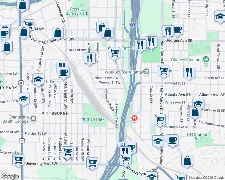 map of restaurants, bars, coffee shops, grocery stores, and more near 883 Pryor Street Southwest in Atlanta