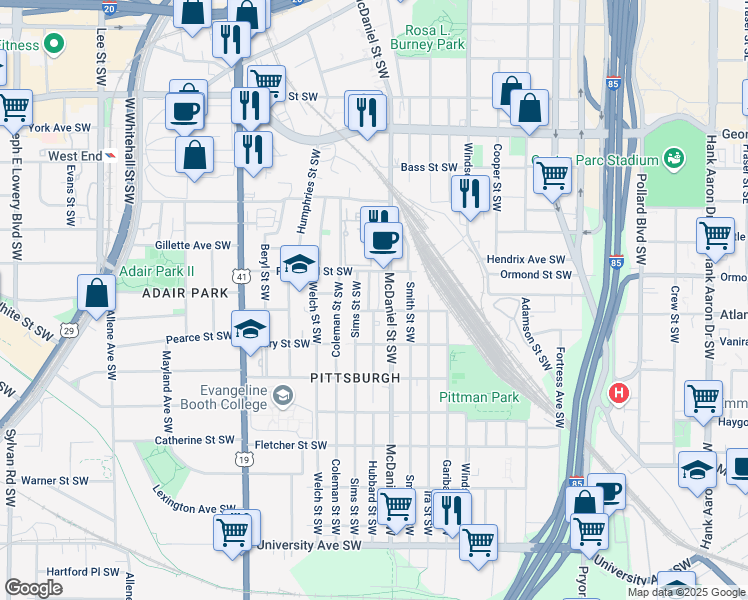 map of restaurants, bars, coffee shops, grocery stores, and more near 442 Gardner Street Southwest in Atlanta