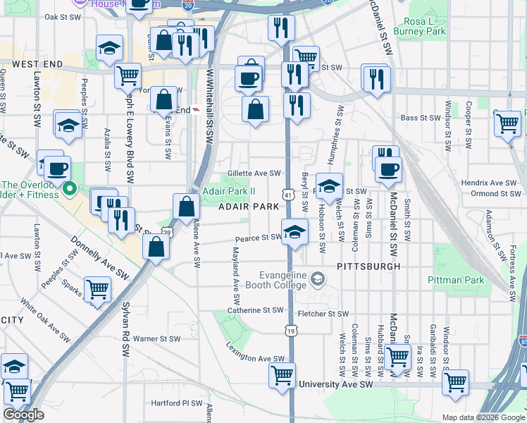 map of restaurants, bars, coffee shops, grocery stores, and more near 868 Oakhill Avenue Southwest in Atlanta