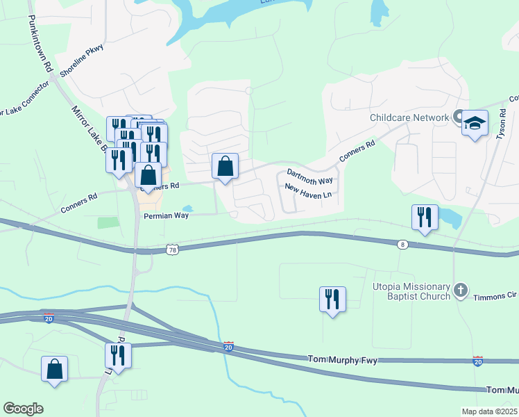 map of restaurants, bars, coffee shops, grocery stores, and more near 501 Permian Way in Villa Rica