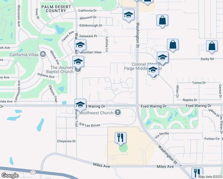 map of restaurants, bars, coffee shops, grocery stores, and more near 43764 Avenue Alicante in Palm Desert